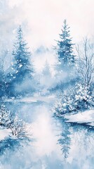Poster - Soft wintery watercolor background blending hues of blue and white, capturing a serene snowy landscape with tranquil reflections