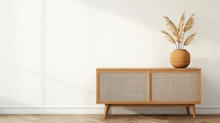 Poster - A minimalist interior scene featuring a wooden cabinet with a decorative vase of pampas grass, set against a sunlit wall, Sustainable Living.