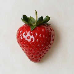 Poster - Glossy red strawberry resting on a light surface, showcasing its perfect ripeness and vibrant color