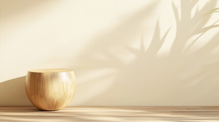 Poster - A serene, minimalist scene featuring a rounded bamboo pot casting shadows on a light-colored wall, creating a calming atmosphere, Sustainable Living.