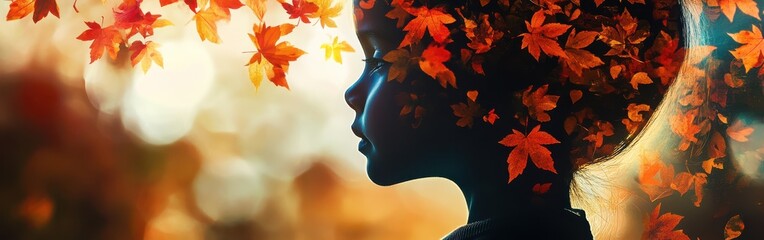 Poster - Child surrounded by glowing autumn leaves in a tranquil outdoor setting during golden hour