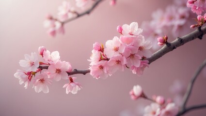 Wall Mural - a close-up view of a pink background featuring blooming spring flowers on a tree branch. a soft back