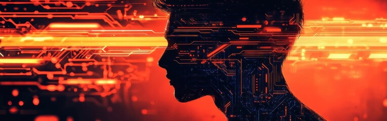Aufkleber - Portrait of a man surrounded by glowing circuitry in a dimly lit environment highlighting technological concepts
