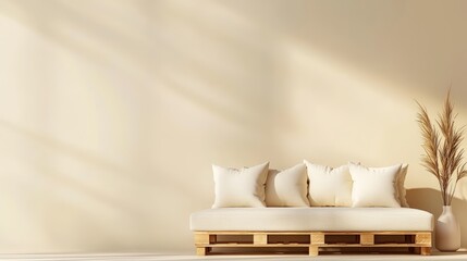 Poster - A minimalist living space featuring a light-colored wall, a simple sofa with cushions, and decorative plants, creating a calm and inviting atmosphere, Sustainable Living.