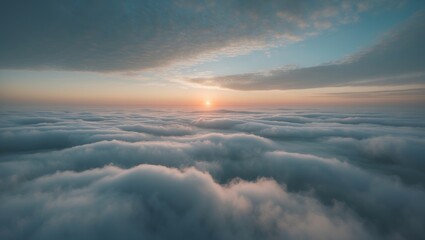 Wall Mural - at dawn, the camera ascends above the thick fog over the stunning ocean of clouds. the sun rises ove