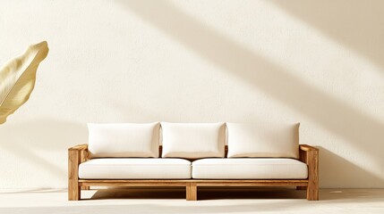 Poster - A minimalist wooden sofa with soft cushions, placed against a light wall, showcasing a serene and modern aesthetic, Sustainable Living.
