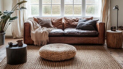 Aufkleber - Rustic living room with distressed leather sofa and cozy decor bringing warmth and character to the space