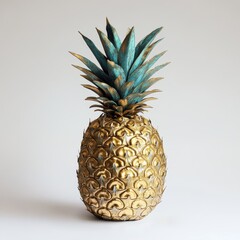 Poster - Ripe golden pineapple with vibrant green leaves displayed against a neutral background showcasing its natural beauty