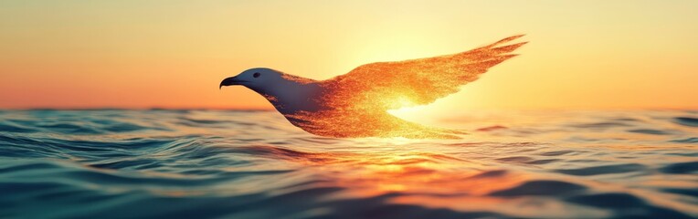 Poster - Mystical visualization of glowing birds flying over a serene ocean at sunset