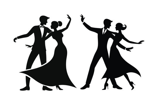 Elegant ballroom dance couple silhouette holding a poised stance, black on white Design