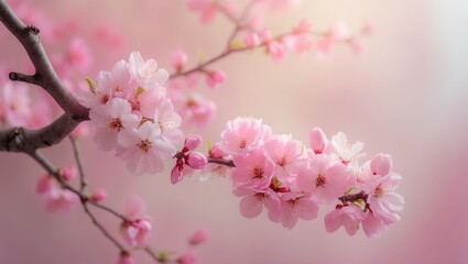 Wall Mural - a pink backdrop featuring a close-up area for text alongside blossoming spring flowers on a tree bra