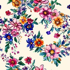 Aufkleber - Vibrant watercolor doodles of flowers in a lively pattern celebrating nature and creativity