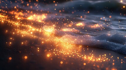 Wall Mural - Fiery ocean waves sparkle with golden embers.  Spectacular coastal fire