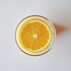 Poster - Freshly squeezed orange juice served in a clear glass with vibrant citrus color on a white background in a kitchen setting