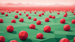 © Farhad - Red geometric spheres populate a green landscape with distant mountains during calm daylight