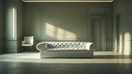 Poster - A solitary white couch in a living area painted in a muted color. Furniture and decor within the design.