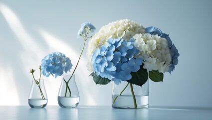 Wall Mural - white backdrop featuring a hydrangea arrangement and individual flowers in vases.