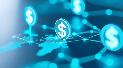 Poster - Futuristic Global Digital Payment Network, interconnected world map with glowing cyan-blue pathways, illuminated currency symbols showcasing seamless financial integration and innovation
