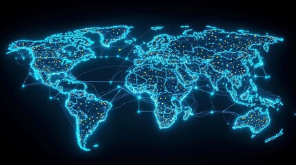 Poster - Futuristic Currency Exchange Visualization, advanced world map of glowing dots, dynamic financial pathways, vibrant blue hues, illuminated transaction icons highlighting global finance