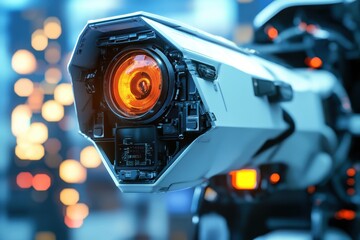 Poster - Advanced robotic camera captures details in a futuristic urban environment at night