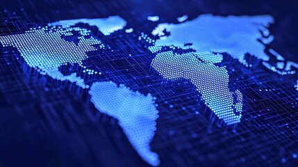 Poster - Futuristic Currency Exchange Visualization, advanced world map of glowing dots, dynamic financial pathways, vibrant blue hues, illuminated transaction icons highlighting global finance