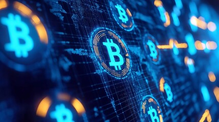 Poster - Futuristic Currency Exchange, a digital depiction of a global map with glowing dots, vibrant blue pathways, and illuminated icons showcasing advanced financial transactions.