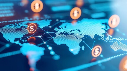 Poster - Futuristic Digital Financial Connectivity, a vivid illustration of a global financial network with glowing dots, interconnected pathways, and vibrant currency symbols on a digital map
