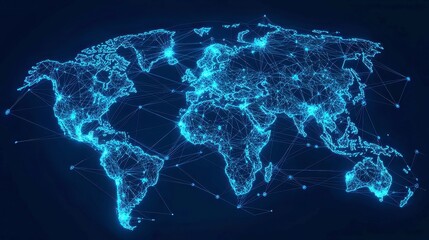 Poster - Futuristic Global Market Analysis, a vibrant digital illustration showcasing interconnected cyan-blue lines on a high-tech world map, highlighting financial icons and global economics.