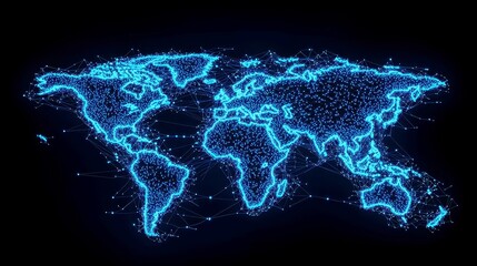 Poster - FinTech Innovation Hub, a futuristic glowing world map interconnected by intricate financial pathways, dynamic icons symbolizing finance and technology, sleek blue tones, subtle depth blur.
