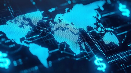 Poster - Global E-Commerce Connectivity Futuristic illustration of a world map made of glowing dots, bright cyan pathways, illuminated dollar symbols, highlighting global digital trade.
