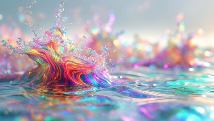 Poster - A close-up view of vibrant acrylic ink swirling in water is displayed against a white background. The context appears hazy, showcasing a spectrum of colors.