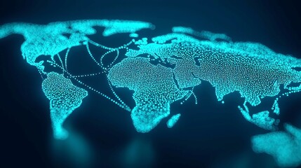 Poster - Futuristic Global Investment Map, vibrant world map of glowing dots linked by bright blue financial pathways, showcasing currency symbols and international economic connections.
