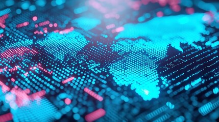 Poster - Futuristic Global Stock Market Network, glowing dots on a world map, bright cyan transaction pathways, illuminated market indicators, professional blue tones, digital trading connections