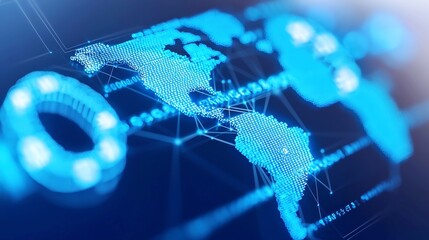 Poster - Futuristic Global Money Transfer Network, interconnected blue transaction pathways on a glowing digital world map, illuminated currency icons, sleek professional design, modern finance symbolism