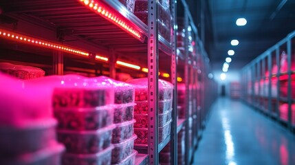 Poster - Rows of storage shelves, filled with perishable items are illuminated by red lighting in a climate controlled warehouse designed for logistics and distribution of pharmaceutical products.