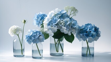 Wall Mural - white background featuring an arrangement of hydrangeas and individual flowers in vases.