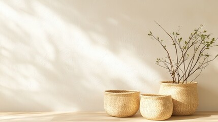 Poster - A serene arrangement of woven baskets with a delicate branch, set against a softly lit wall, creating a tranquil and minimalist decor, Sustainable Living.