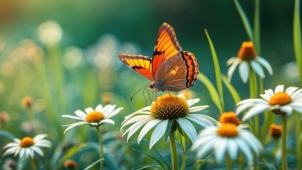 Wall Mural - a butterfly gathering nectar on the chamomile with a naturally blurred background. selective focus. 