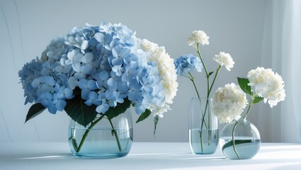 Wall Mural - white background featuring a hydrangea arrangement alongside solitary flowers in vases.