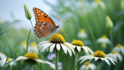 Wall Mural - a butterfly gathering nectar from the chamomile with a naturally blurred background. selective focus