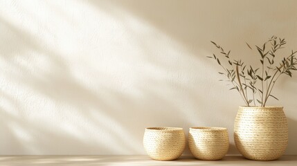 Poster - A serene arrangement of woven baskets with delicate foliage against a softly lit, neutral wall, creating a tranquil and minimalist aesthetic, Sustainable Living.
