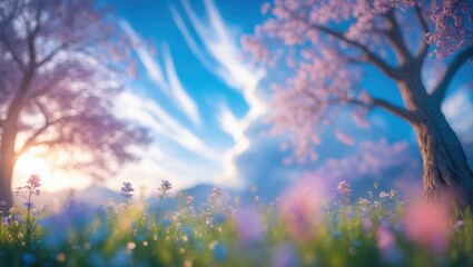 Wall Mural - a beautiful blurred nature background in spring featuring flowers, trees, and a blue sky on a sunny 