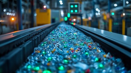 Leinwandbilder - A conveyor belt filled with colorful plastic waste moves through a high tech recycling facility, showcasing the importance of efficient sorting and sustainability in material management.