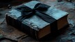© THUA - A classic book with a cracked spine, gently wrapped in a black ribbon, moody soft lighting, detailed textures, isolated.