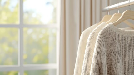 Poster - A serene display of cream-colored sweaters hanging by a window, illuminated by natural light, creating a cozy atmosphere, Sustainable Living.
