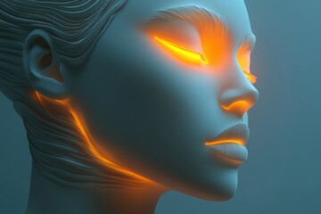 Poster - Abstract rendering of a serene human face with glowing features in a blue background