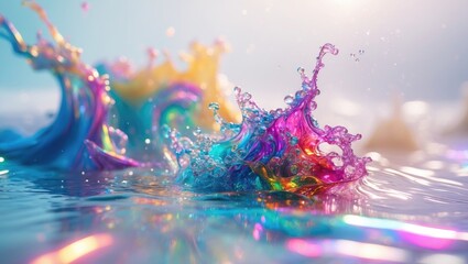 Poster - A close-up view of vibrant acrylic ink on water is displayed against a white backdrop. The context appears blurred, showcasing a spectrum of colors.