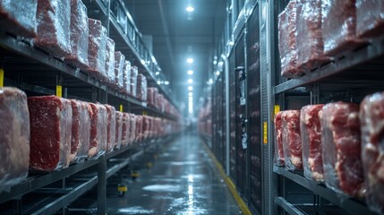 Poster - Rows of packaged meat are neatly arranged in a cold storage facility, emphasizing the importance of climate control for pharmaceutical and perishable goods.