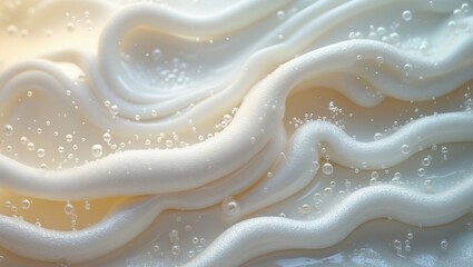 Poster - A close-up view of white creamy foam showcasing gentle waves and bubbles, where the soft texture and subtle light evoke a soothing and clean aesthetic, ideal for a theme.