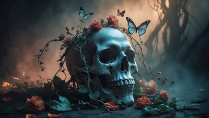 Wall Mural - witchcraft ceremonial skull surrounded by flowers and butterflies in an unusual, magical environment